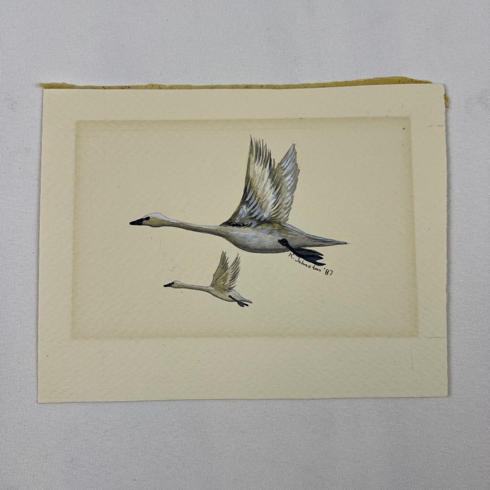 R. Johnston Original Swan Wildlife Painting 1987 Signed Bird Art 6.5x5 Cream EXC
